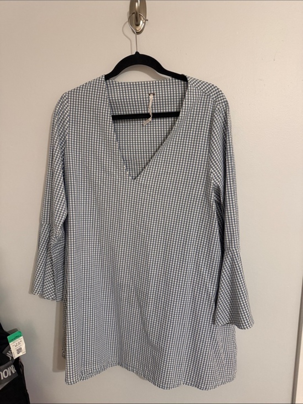 Free People Blue & White Gingham Mini Dress Bell Sleeve Cotton Poplin Large